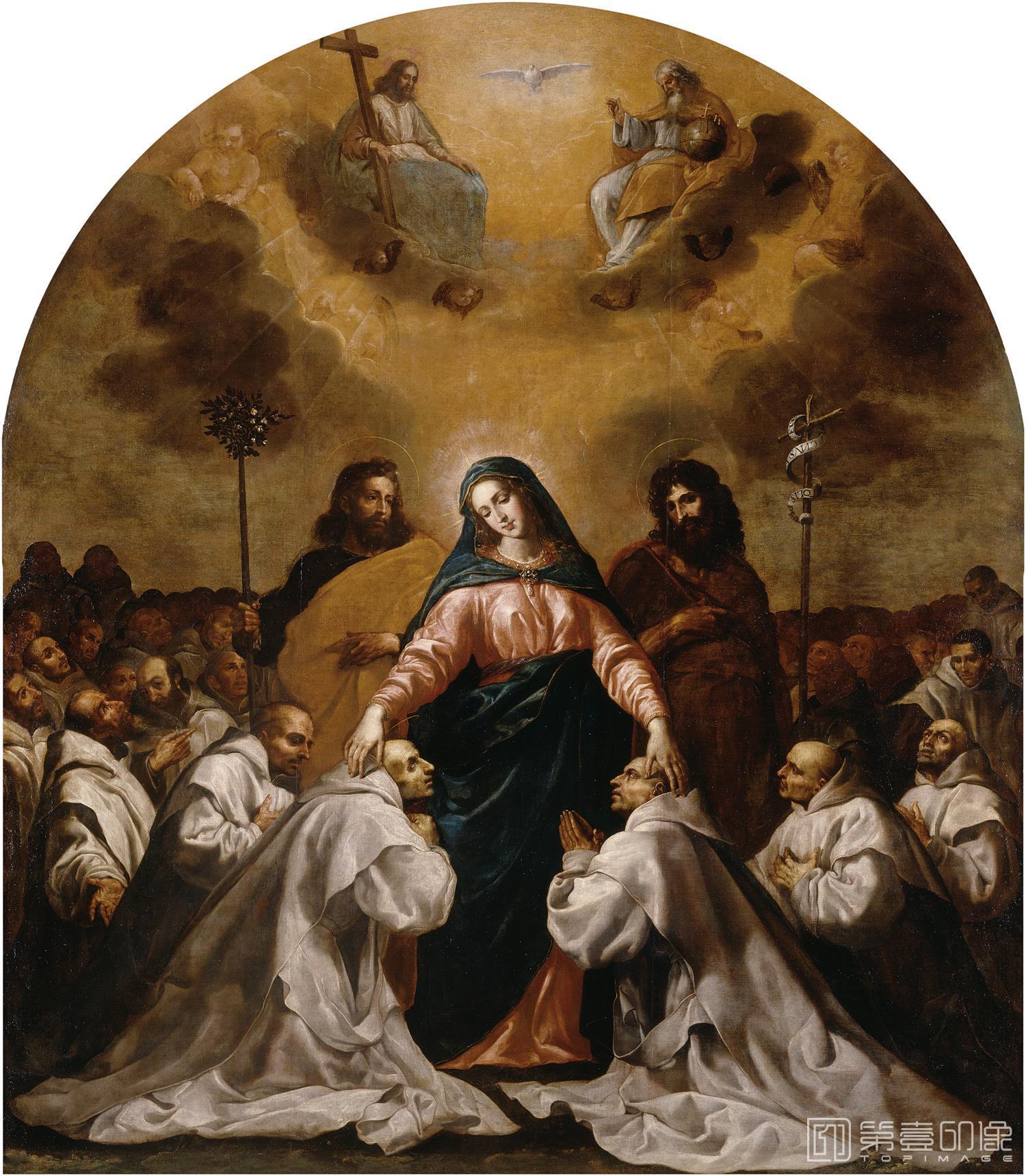 油画-西班牙普拉多美术馆油画藏画-Carducho, Vicente-La Virgen, acompañada de San José y San Juan Bautista, ampara bajo su manto-0459